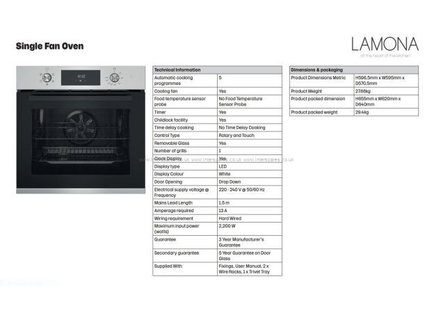 Howden Lamona Appliances Lamona LAM3412 Built In Stainless Steel Single Fan Oven and Grill